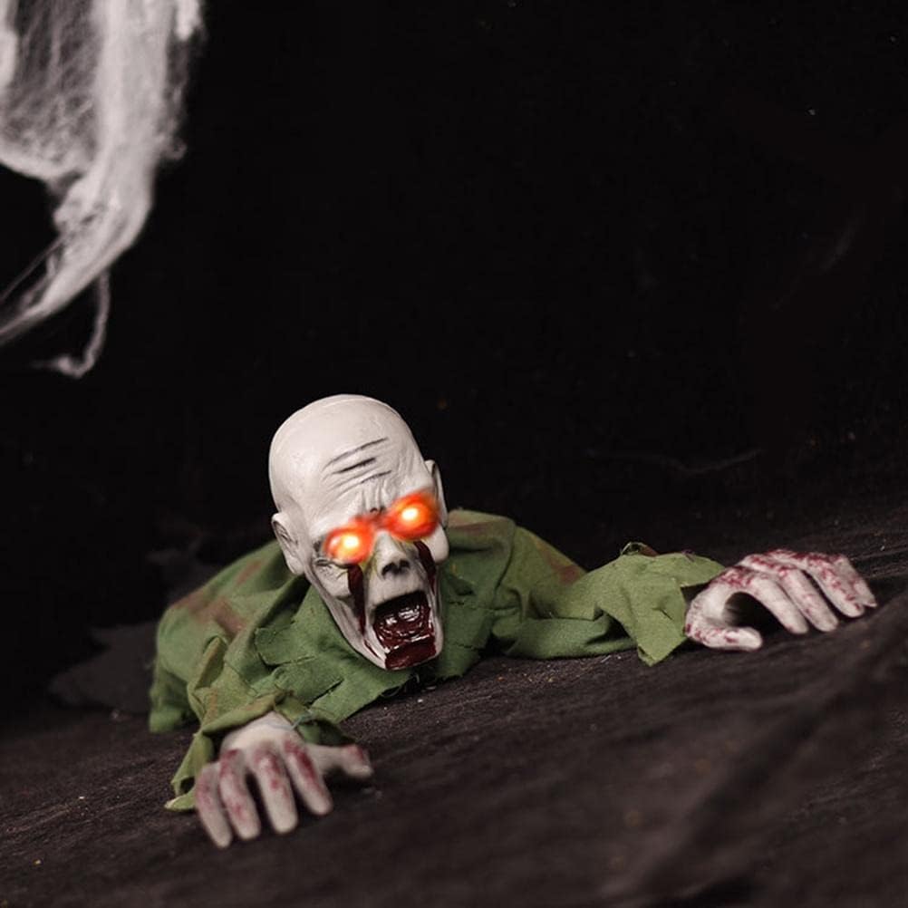 Bald crawling zombie with glowing eyes reaching through a dark Halloween scene