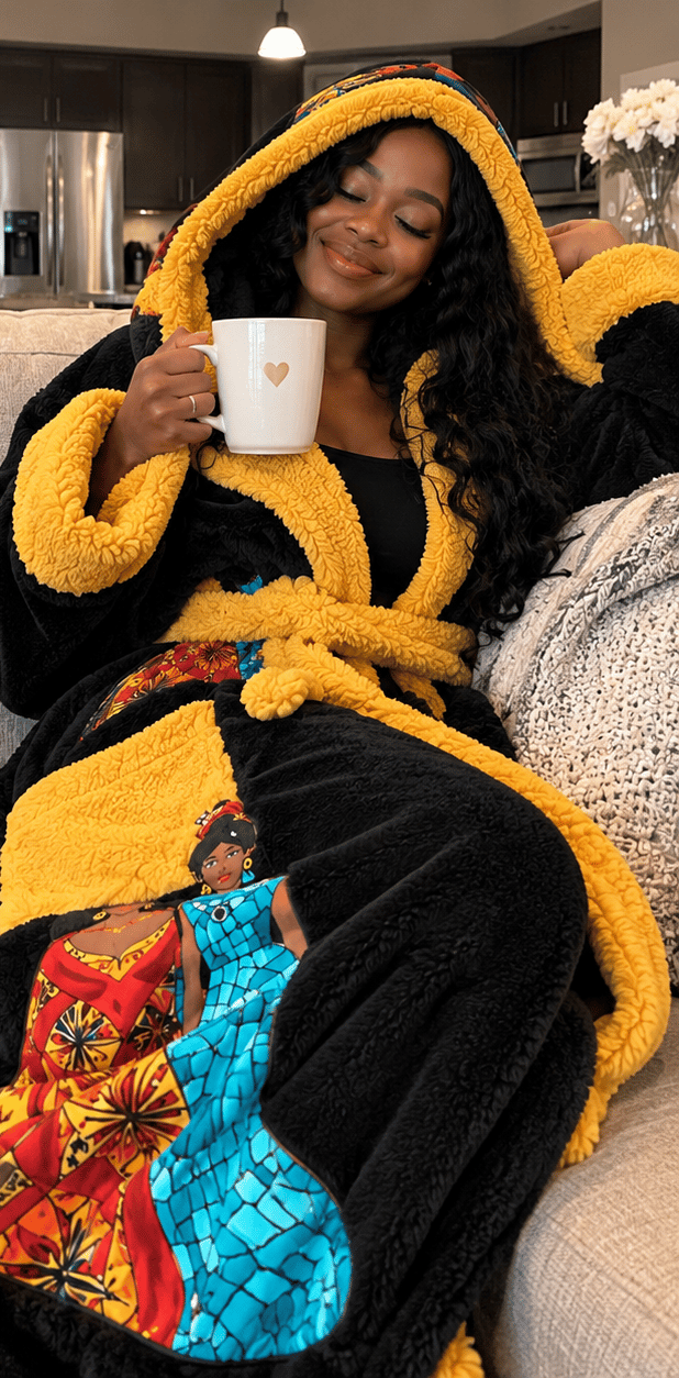 Customer wearing heated blanket robe