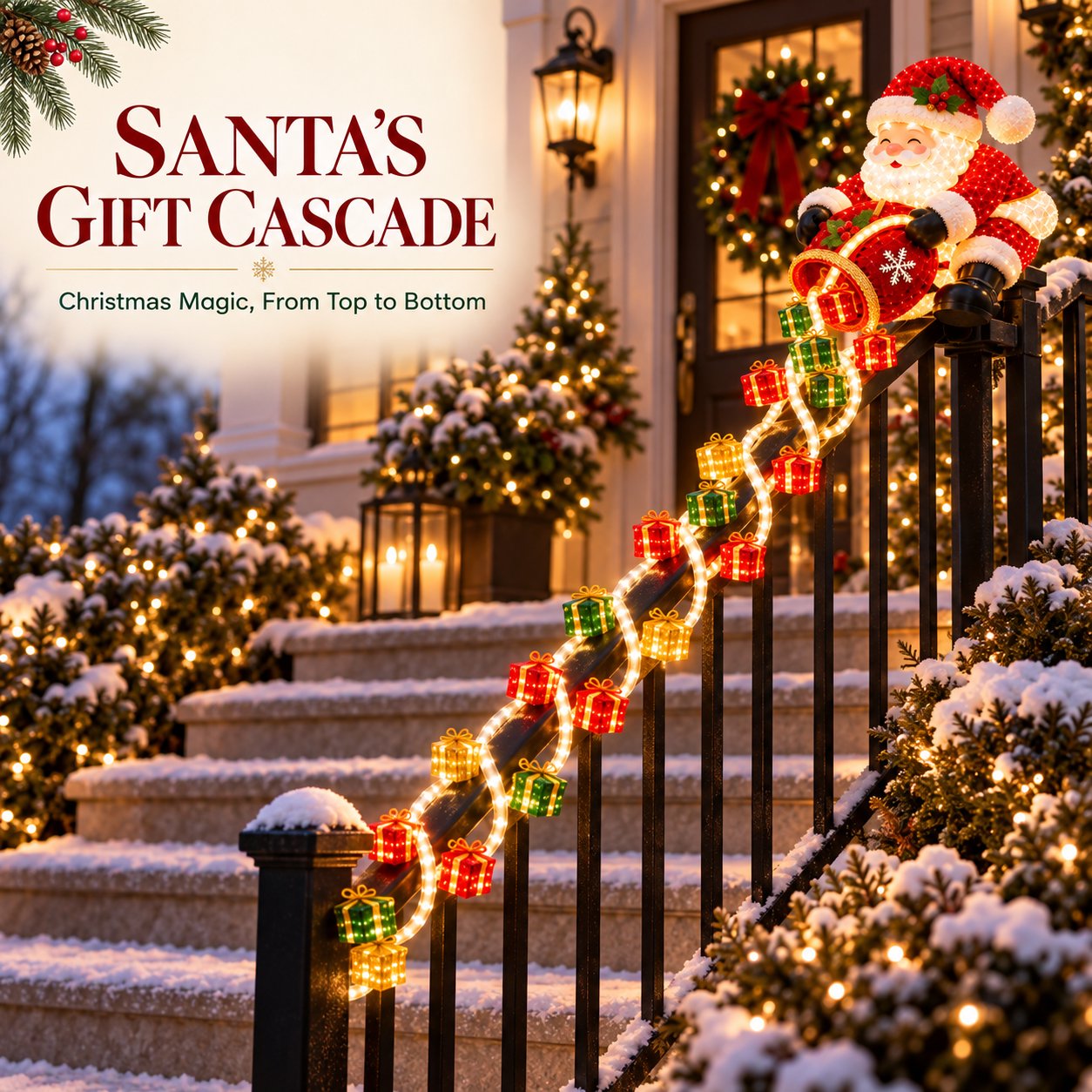 Illuminated Santa railing topper glowing at night