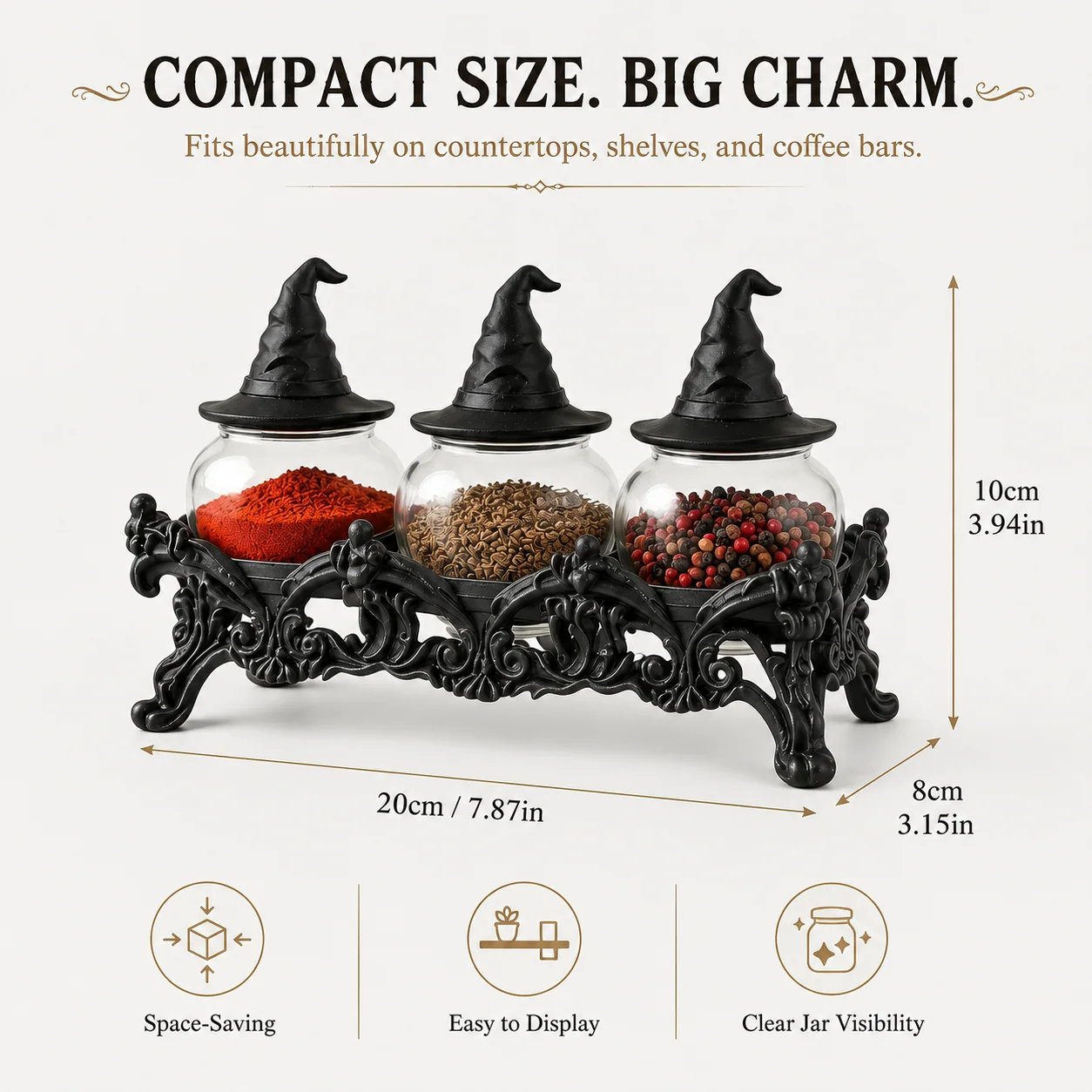 Size comparison of witch-hat spice jar set on kitchen counter