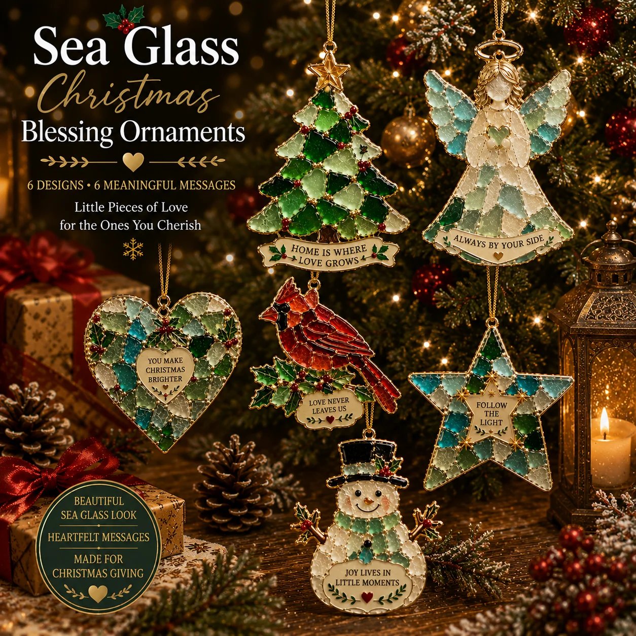 Sea Glass Christmas Blessing Ornament hanging on Christmas tree