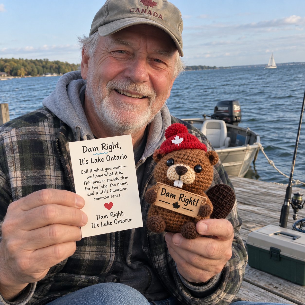 Customer holding the Dam Right It's Lake Ontario beaver on his boat