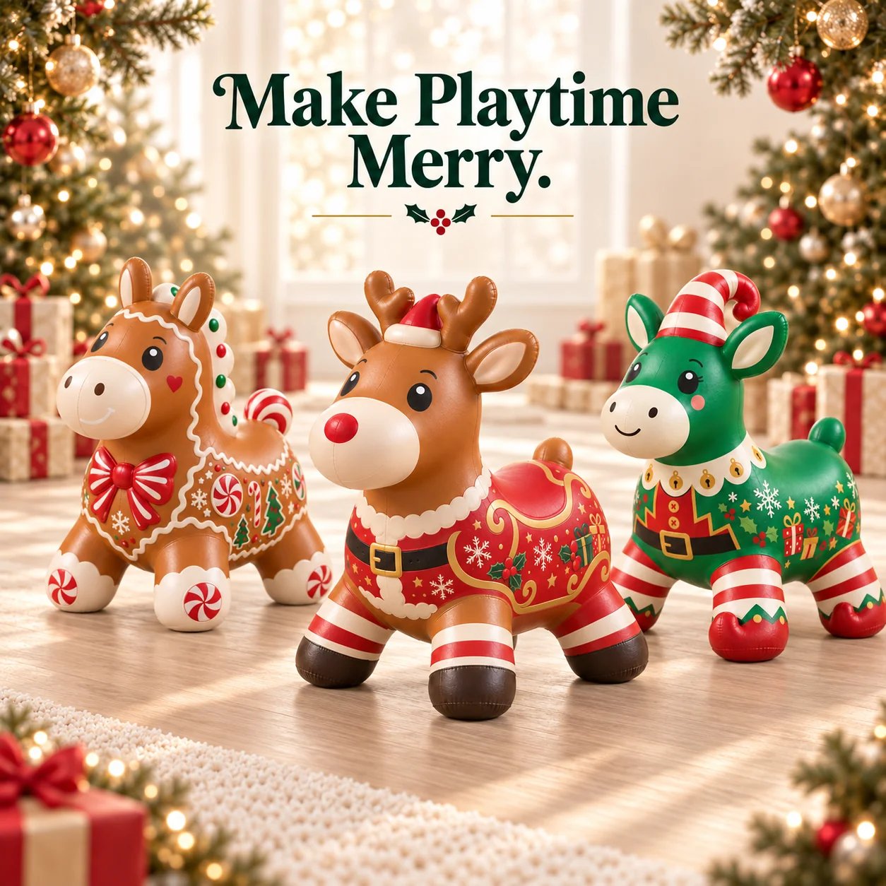 Three Christmas animal hoppers in a festive playroom