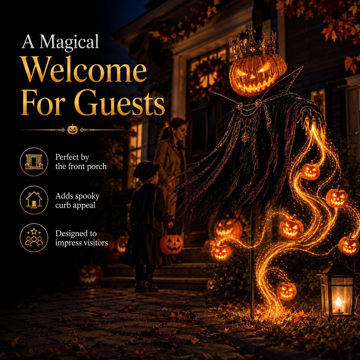 Pumpkin King solar Halloween garden stake creating a glowing front porch welcome