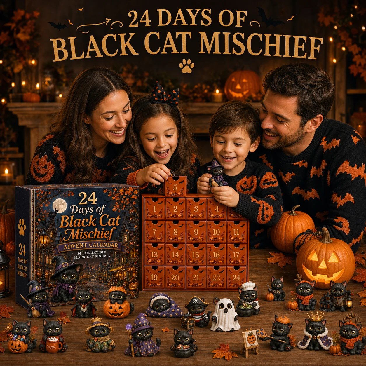 Family discovering the Black Cat Halloween countdown