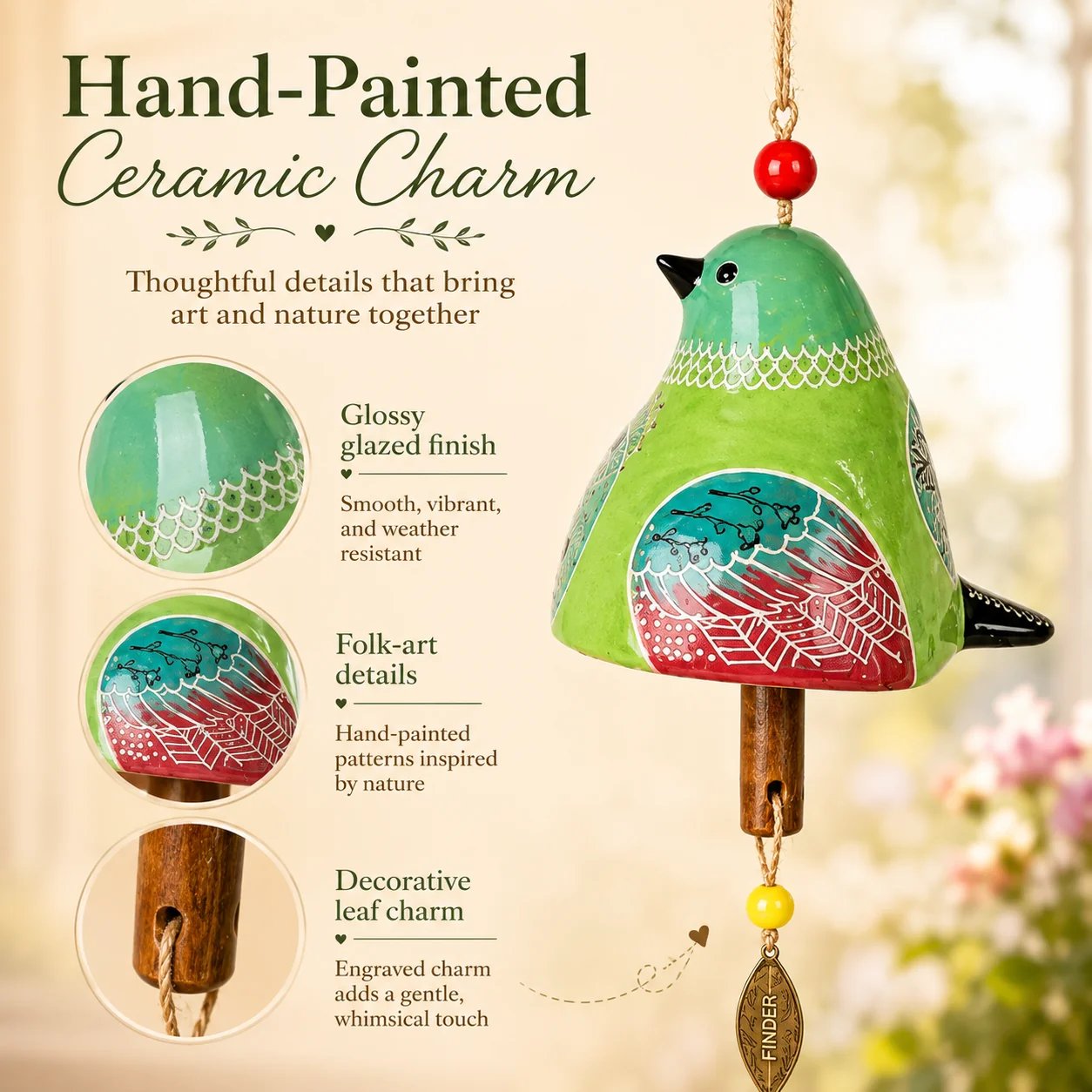 Bird wind chimes hanging beside a bright window