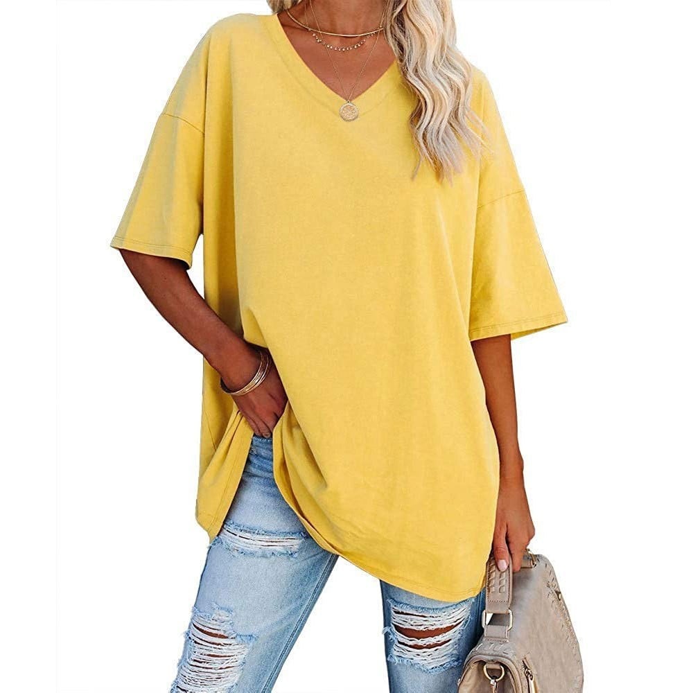 Women's Plus Size V Neck T Shirts Summer Half Sleeve Tees Casual Loose Polyester-Spandex Tunic Tops - Mustard / XL