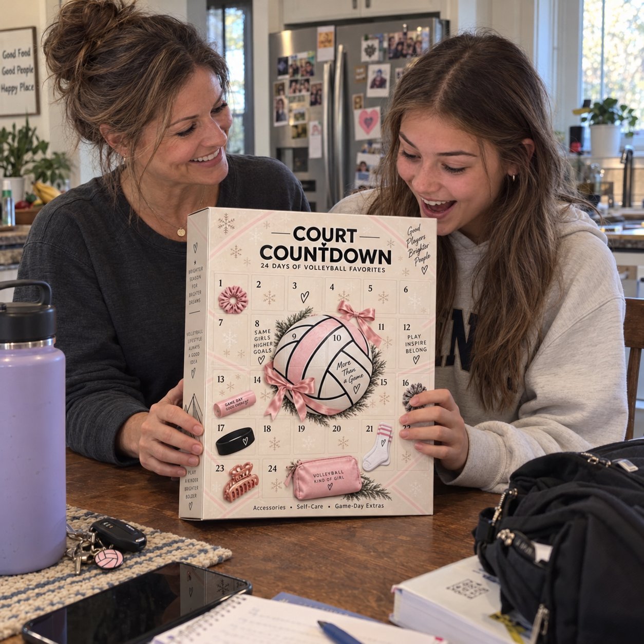 Mother and daughter looking together at the numbered doors on the volleyball advent calendar