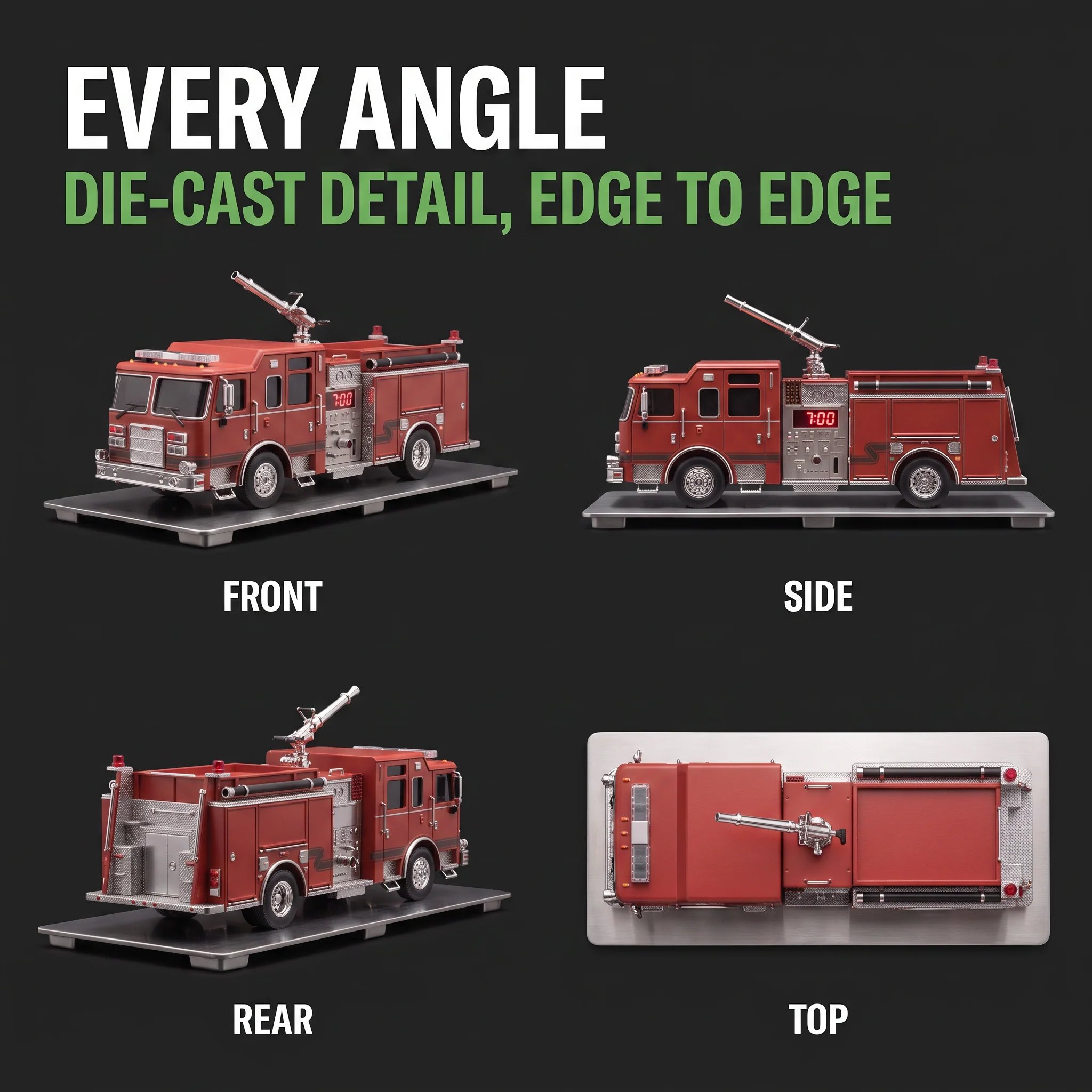 Detailed red fire engine alarm clock design