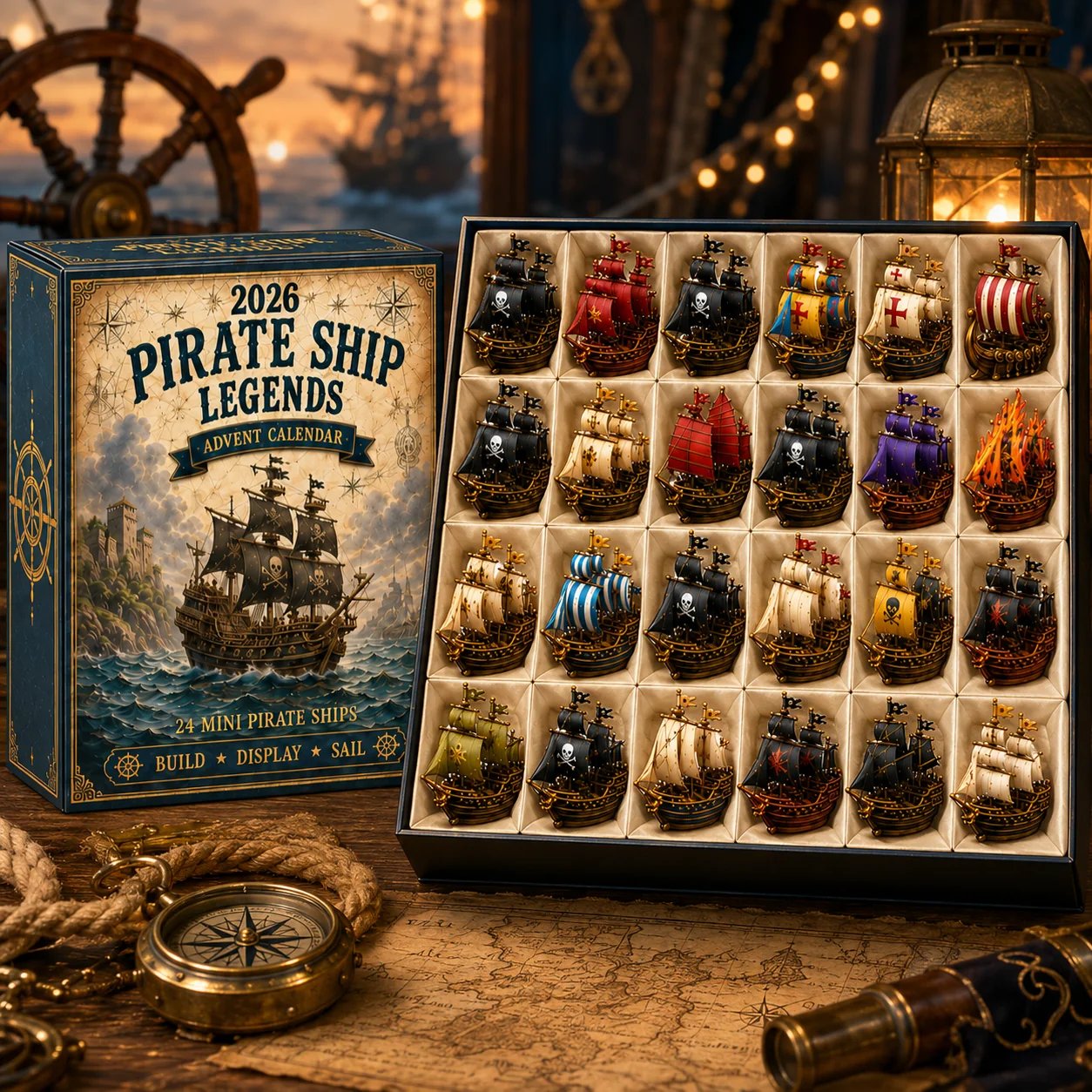 The pirate-themed calendar box beside an open tray containing 24 miniature ships