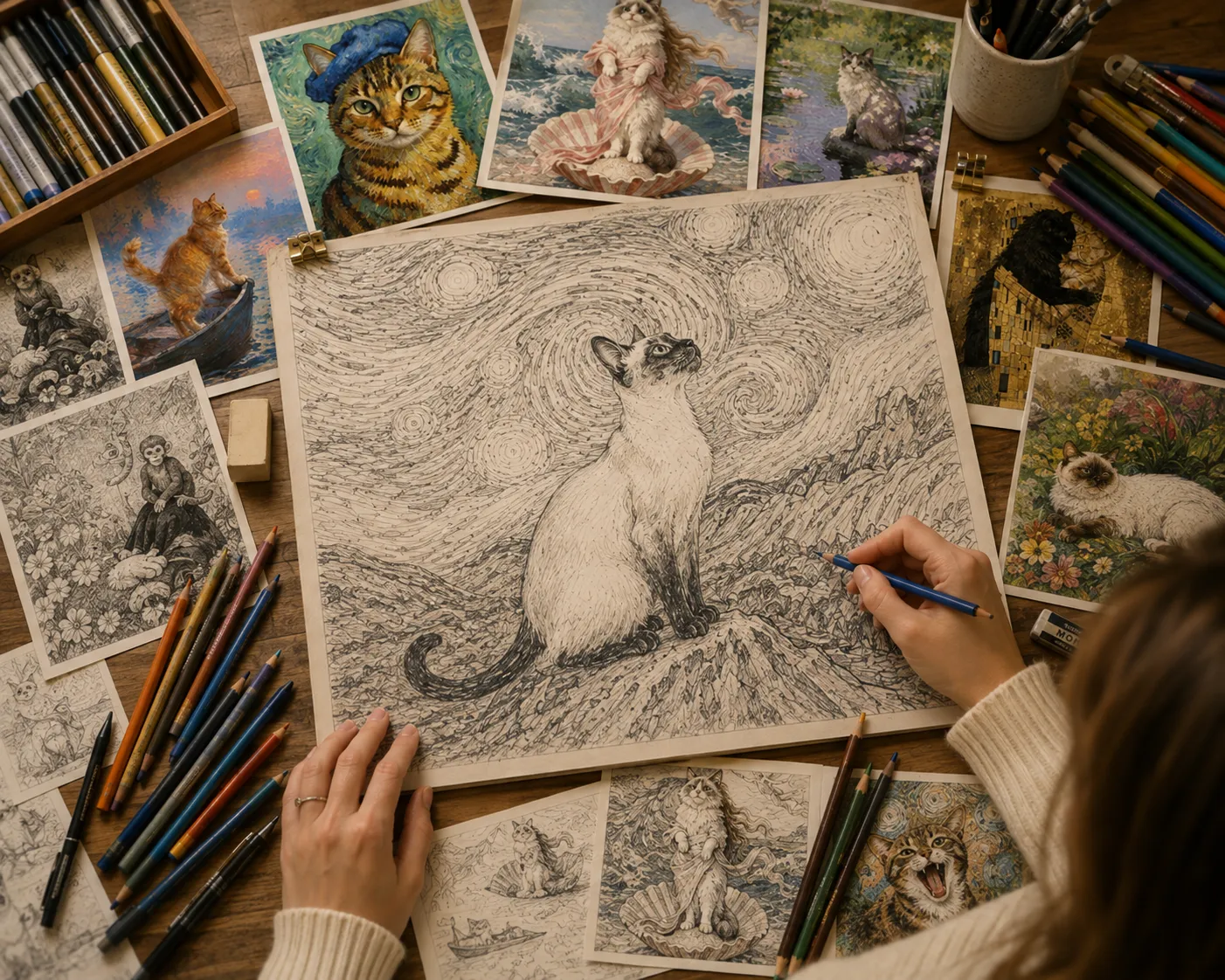 Artist creating cat calendar artwork