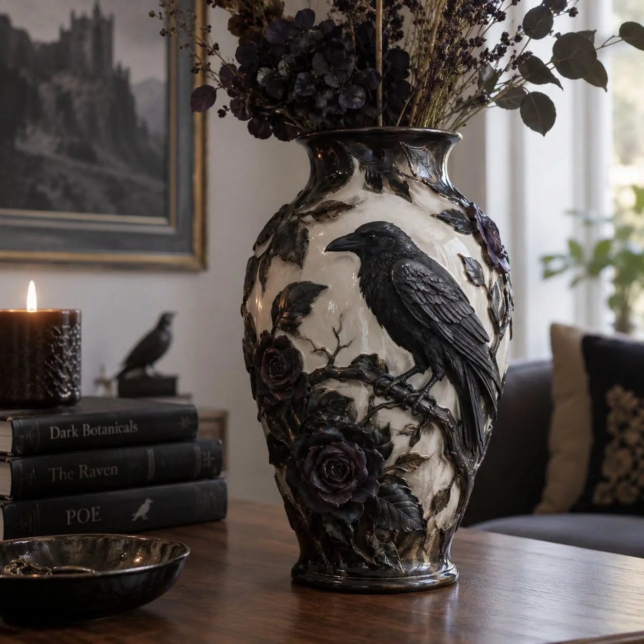 Raven and Rose decorative sculptural vase