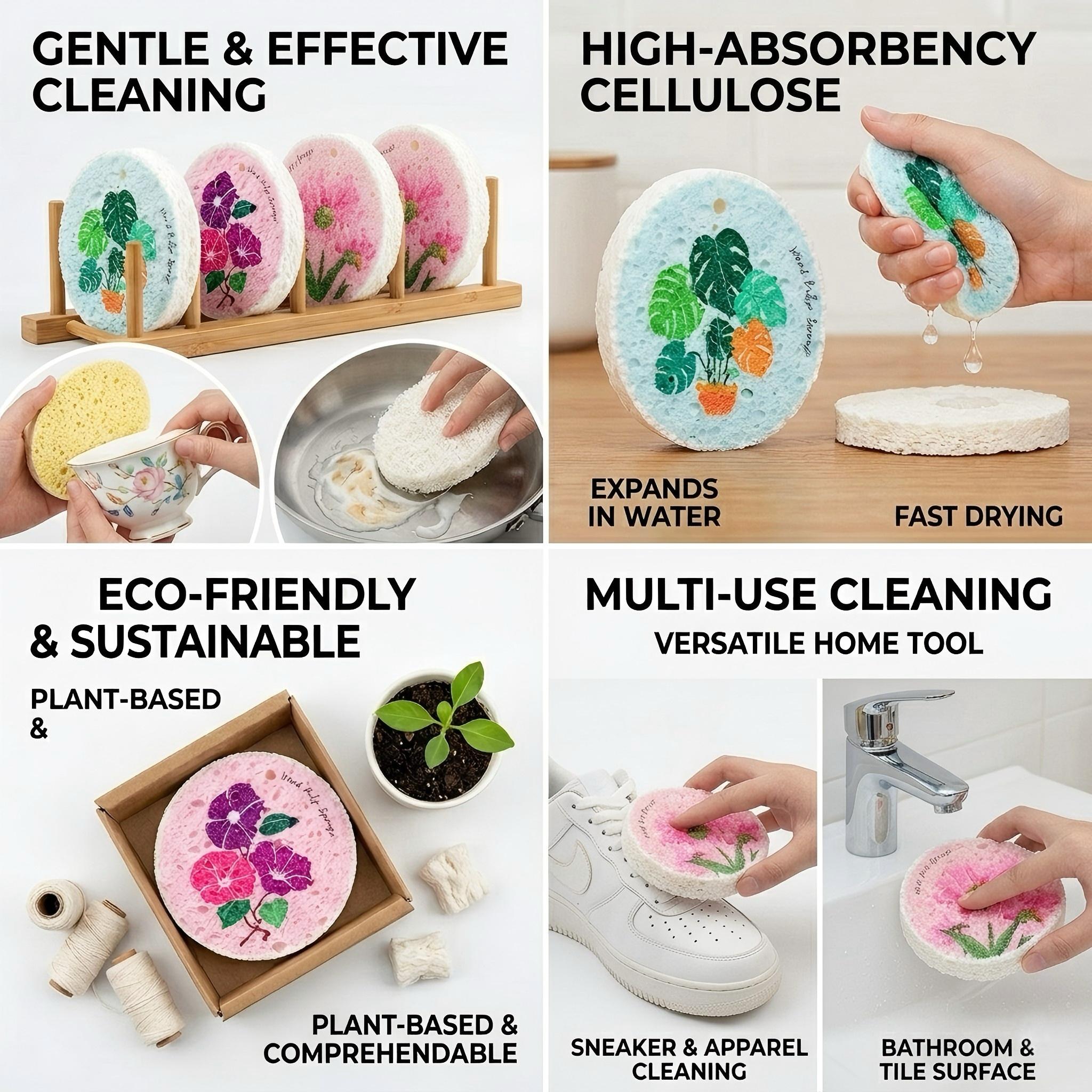 Luxury Eco-Friendly Wood Cellulose Floral Kitchen Sponge, Absorbent Foam Wipe, Soap-Compatible Flower-Printed Scrubber for Dishes (N2), Kitchen Sponges