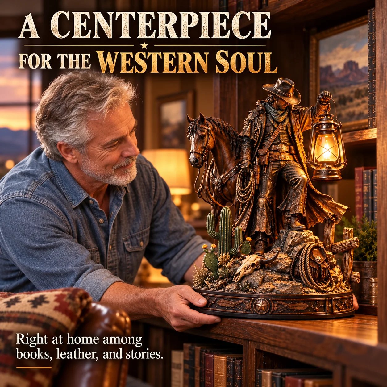 Western cowboy and horse lantern statue