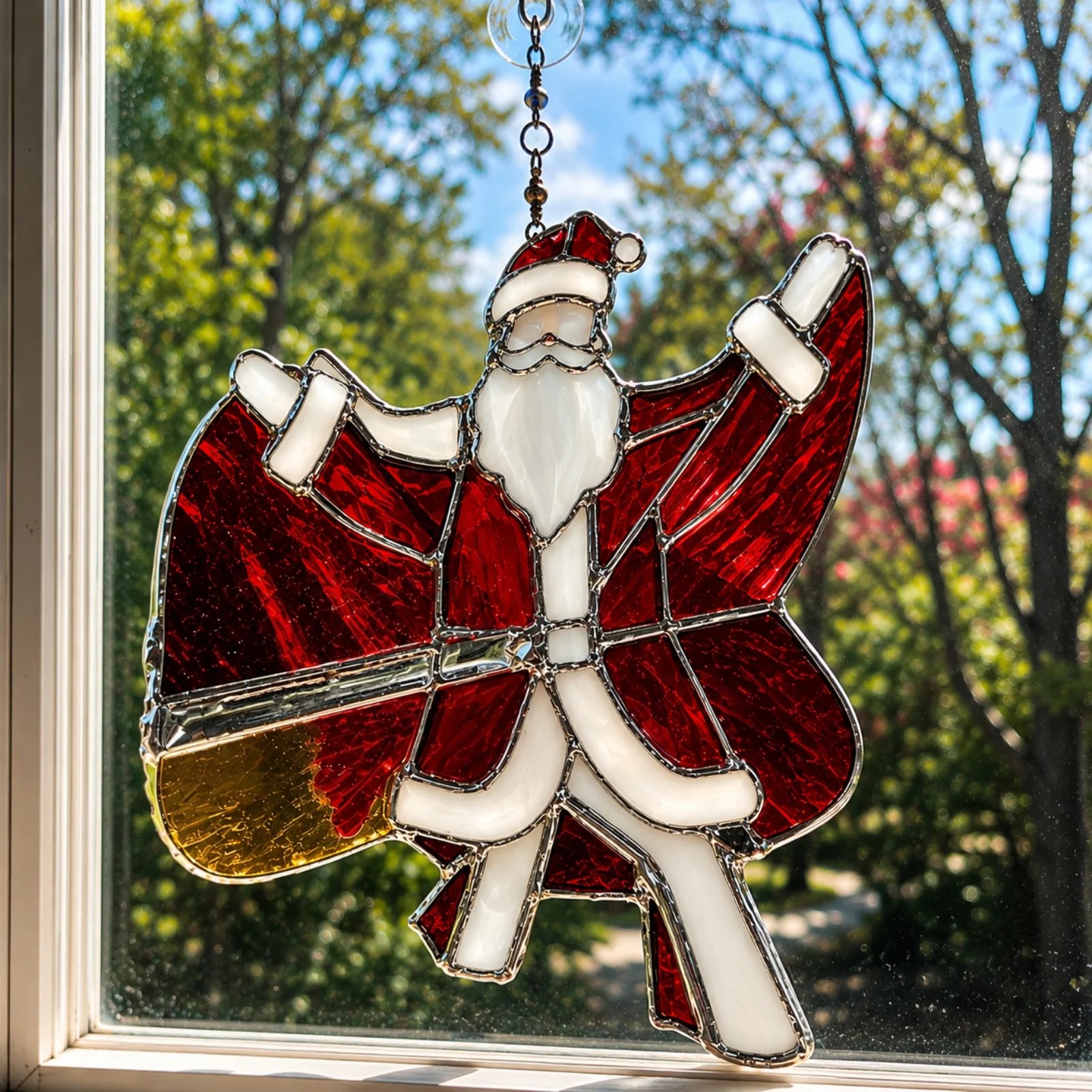 Completed Santa iridescent suncatcher ornament displayed near a bright window