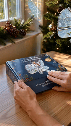 Animated view of opening and assembling the snowman ornament kit