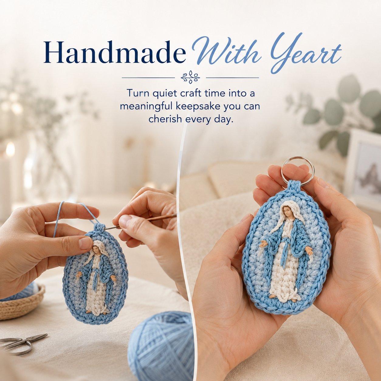 Handcrafted blue and white Marian crochet keepsake