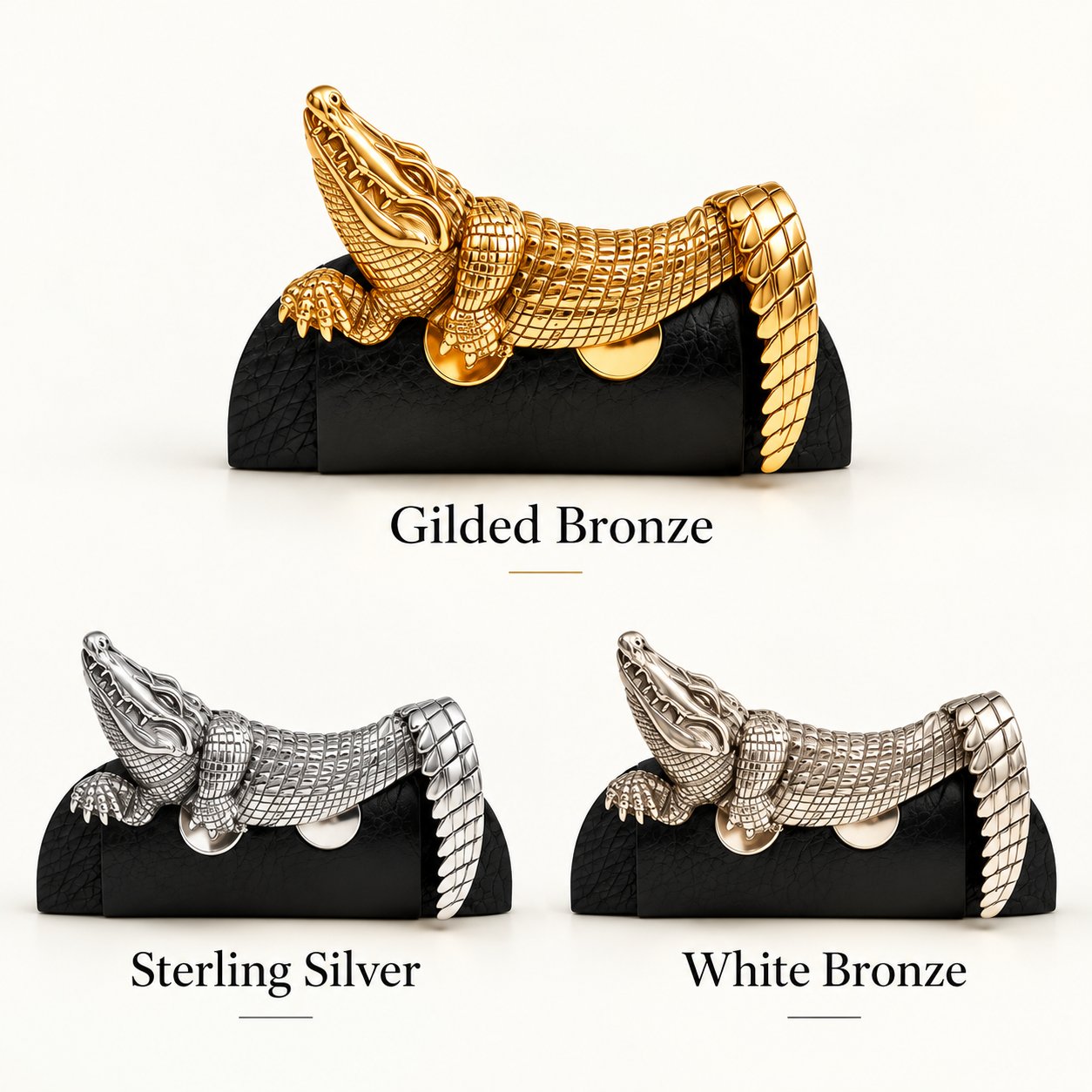 Sculptural alligator metal pocket square detail