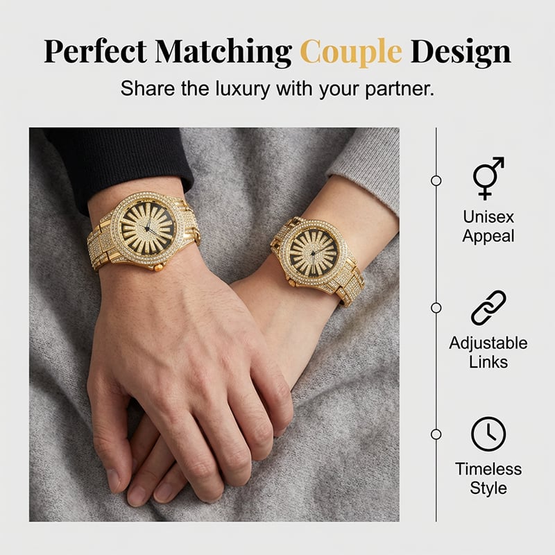 Gold iced out watch worn at an evening event