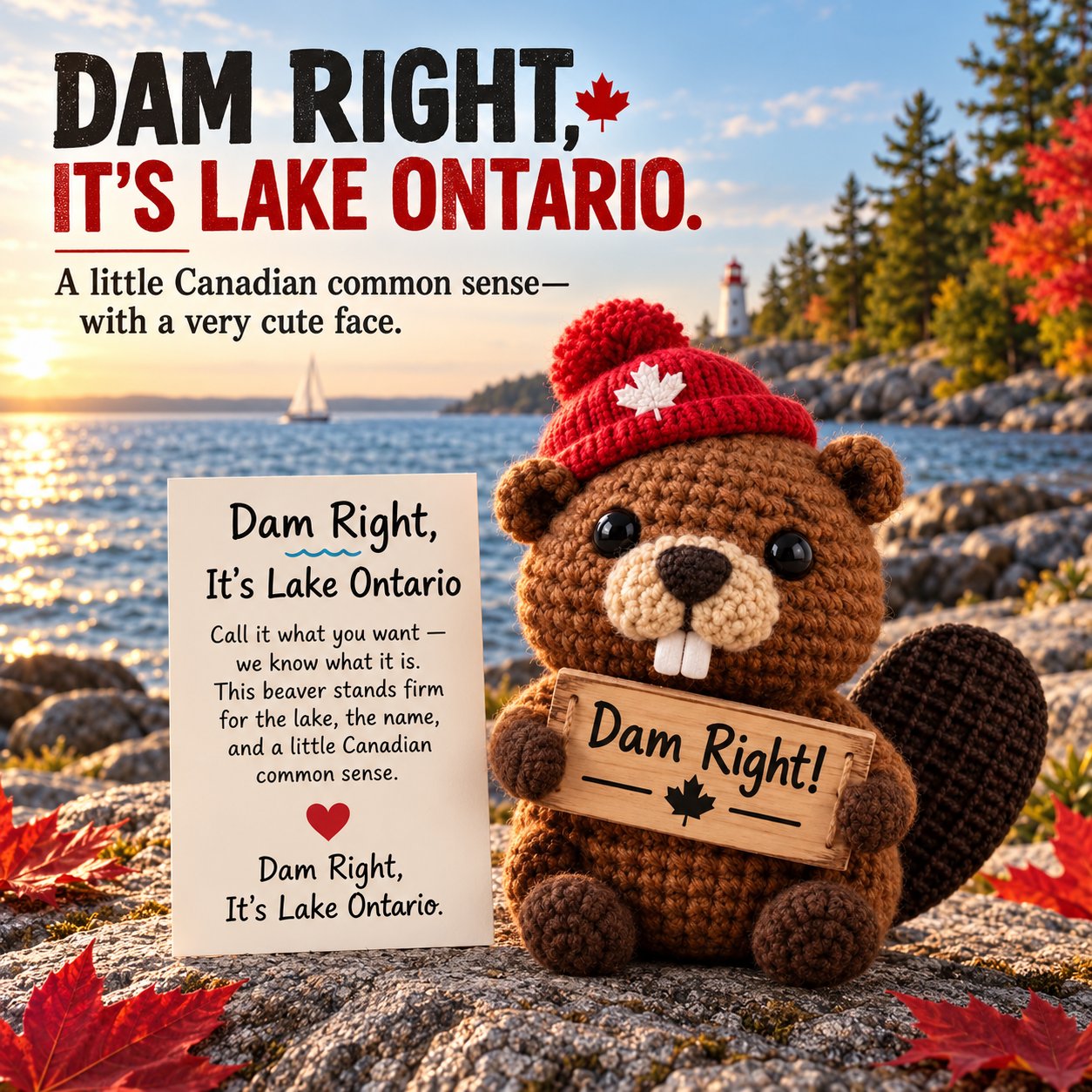 Dam Right It's Lake Ontario crochet beaver with matching message card