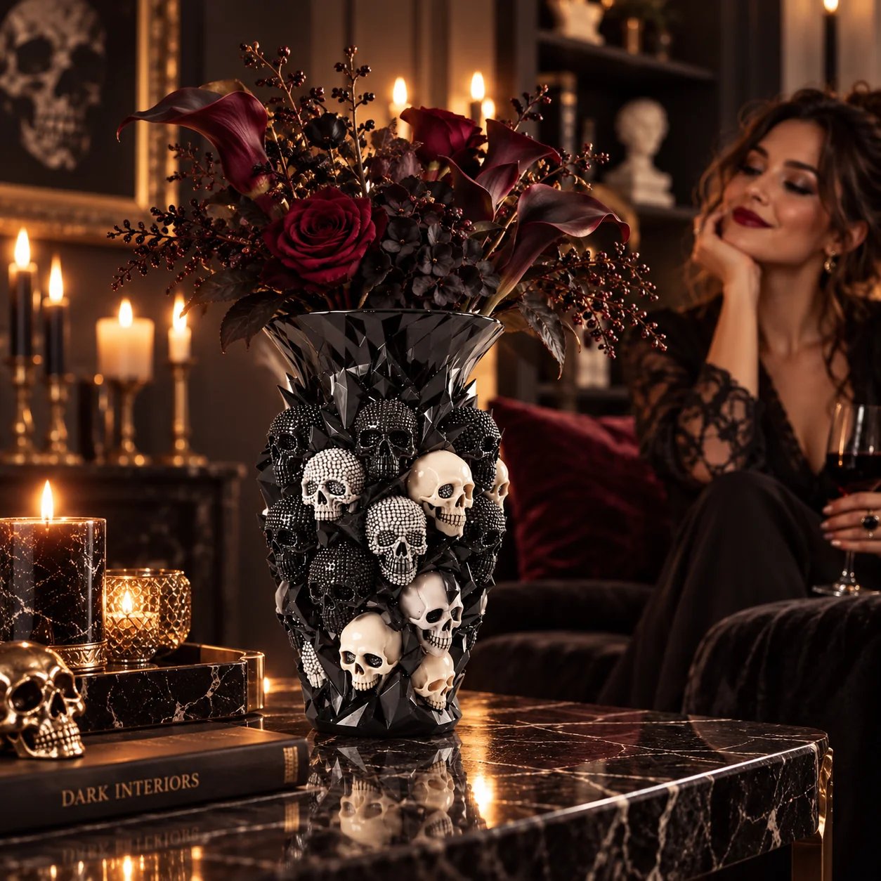 Crystal Skull vase displayed as a dramatic centerpiece