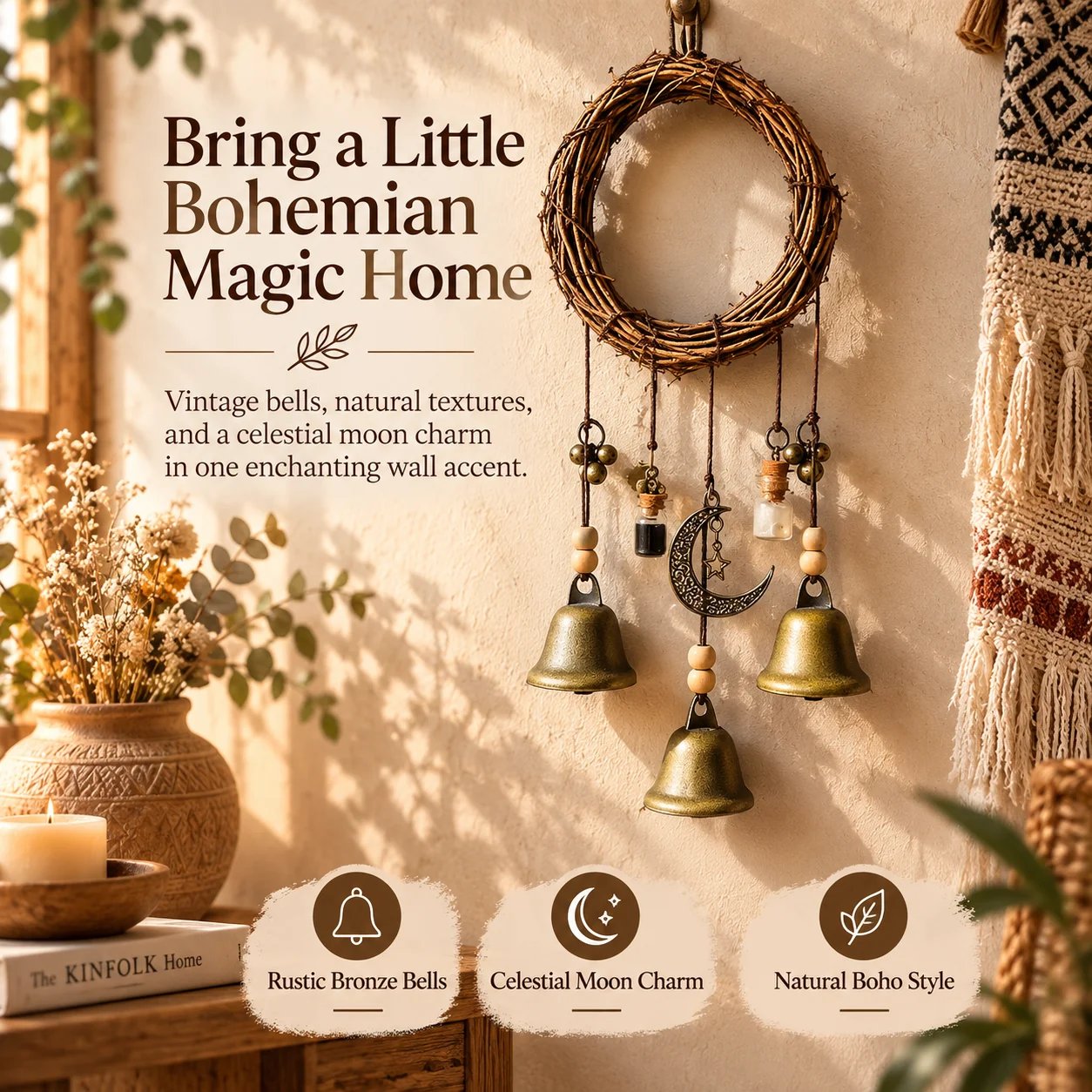 Boho Moon & Bell Hanging Decor