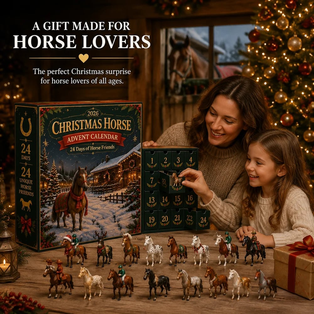 Girl opening horse advent calendar drawer