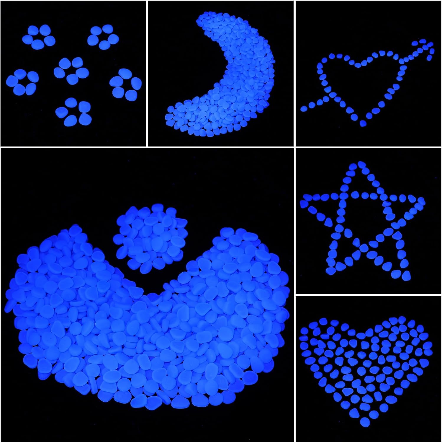 Creative patterns made with deep blue glowing pebbles