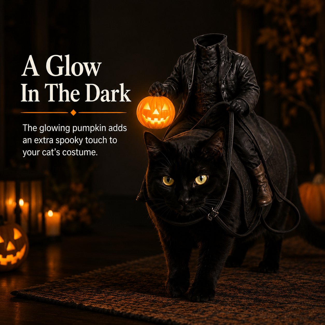 Black cat costume with glowing pumpkin lantern detail