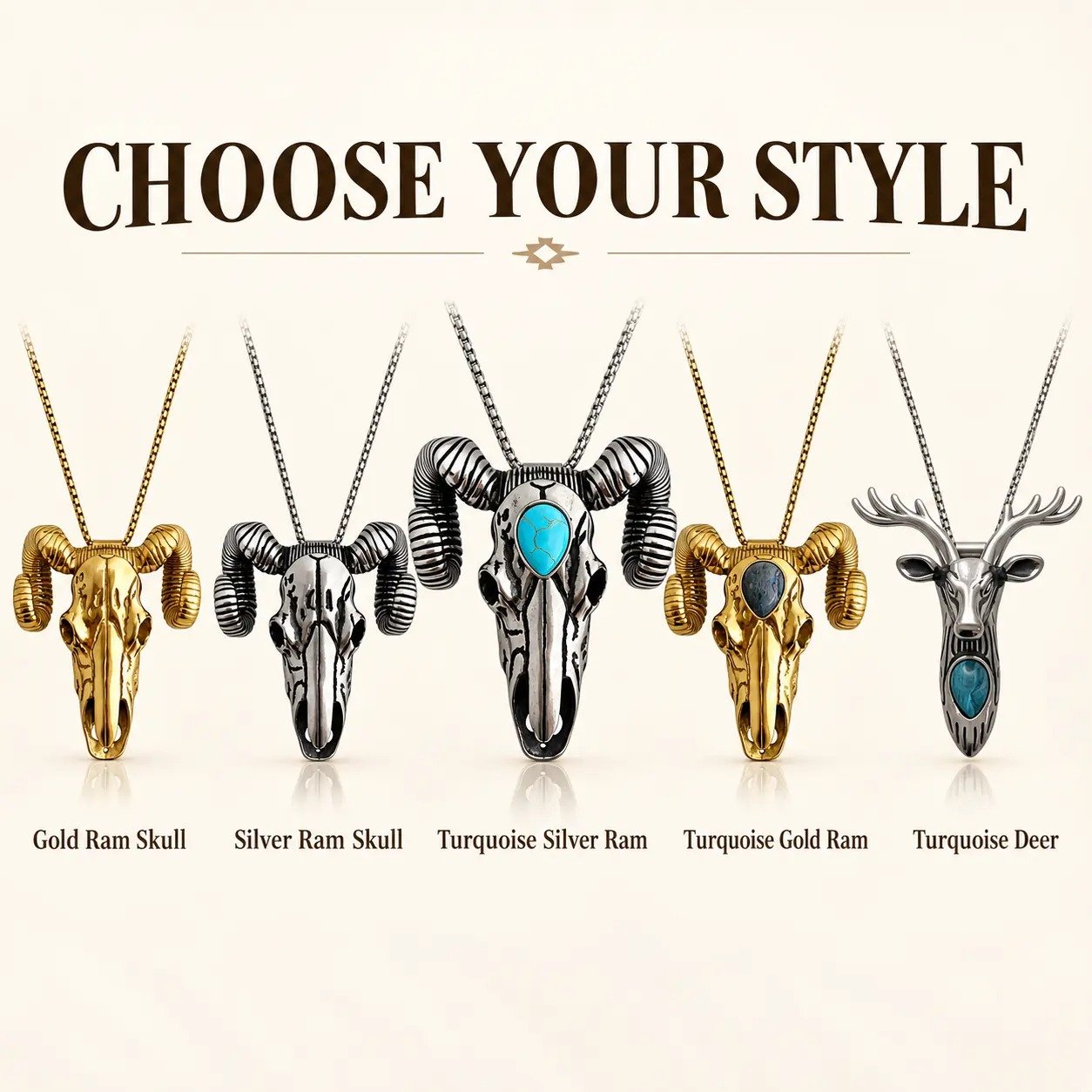 Five western pendant styles displayed together