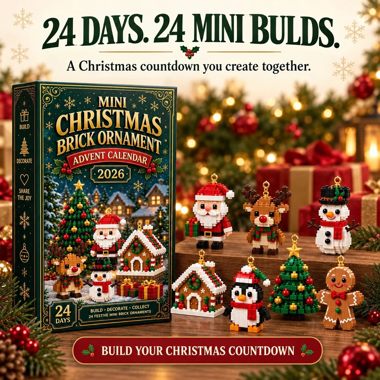 Christmas advent calendar box with finished mini brick ornaments