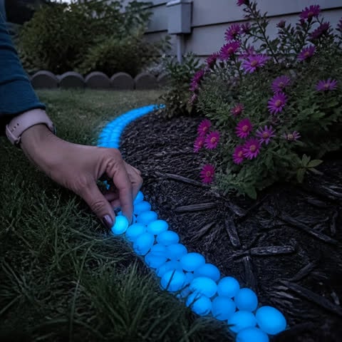 Blue glow pebbles bordering a backyard flower bed