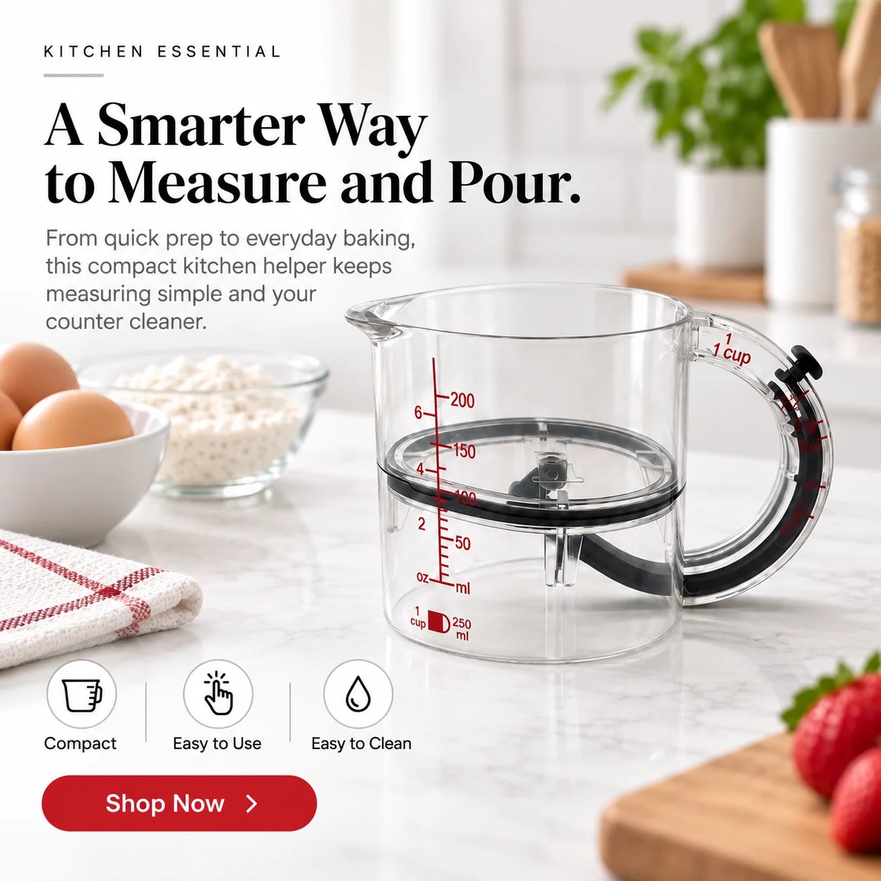 MeasureMate 4-in-1 adjustable measuring cup in bright kitchen