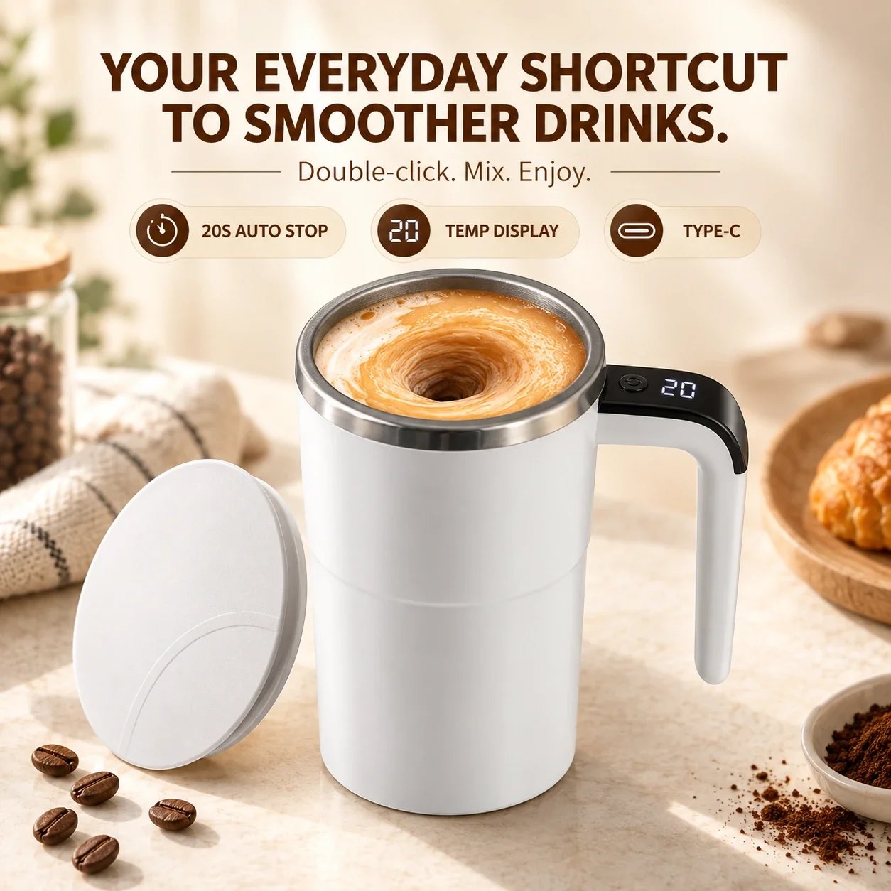 White self-stirring mug with 20-second auto stop, temperature display and Type-C charging