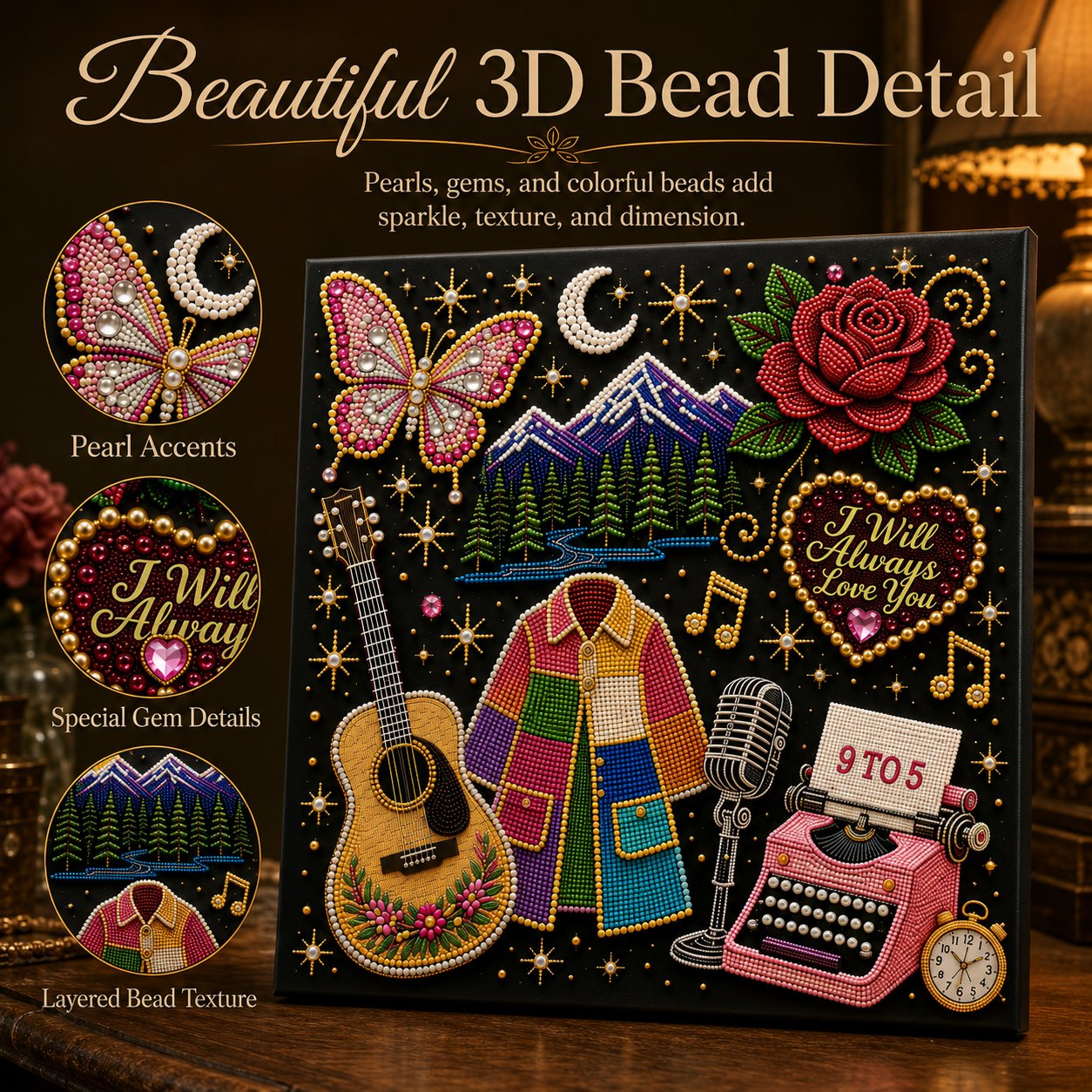Close-up views of pearl, gem, and layered bead details