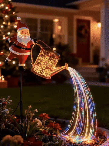 Santa watering can lights glowing in holiday garden and family scenes