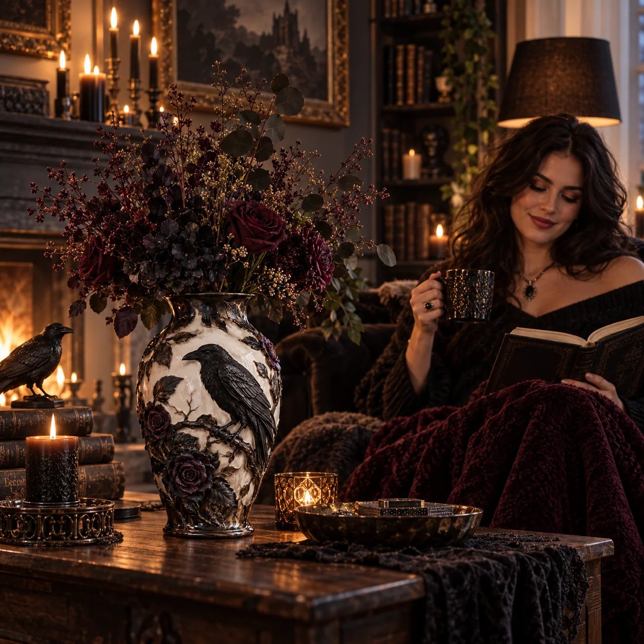 Gothic decor lover arranging the Dark Muse vases