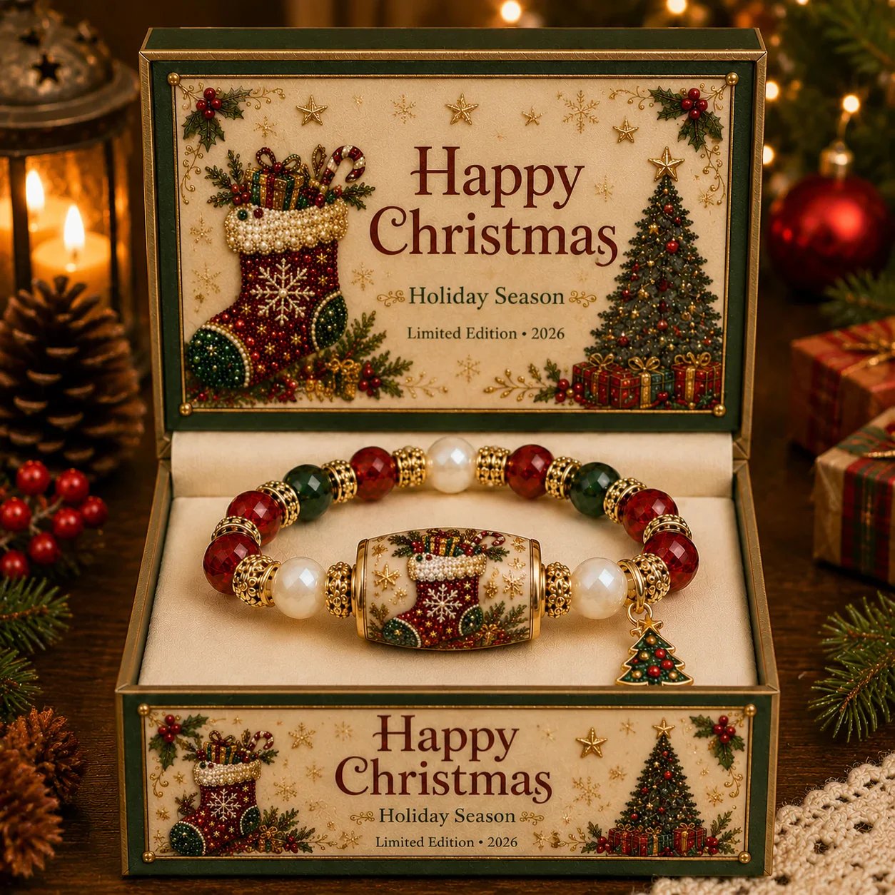 Merry Stocking Christmas bracelet in festive presentation