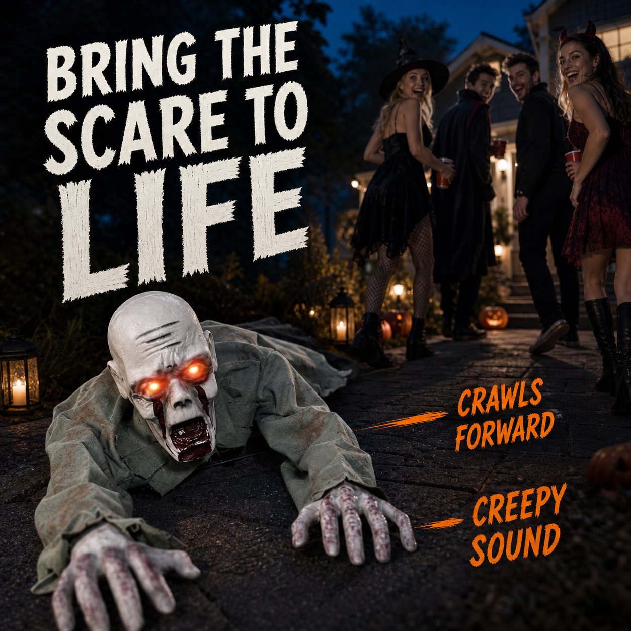 Crawling zombie prop bringing a Halloween entry path to life