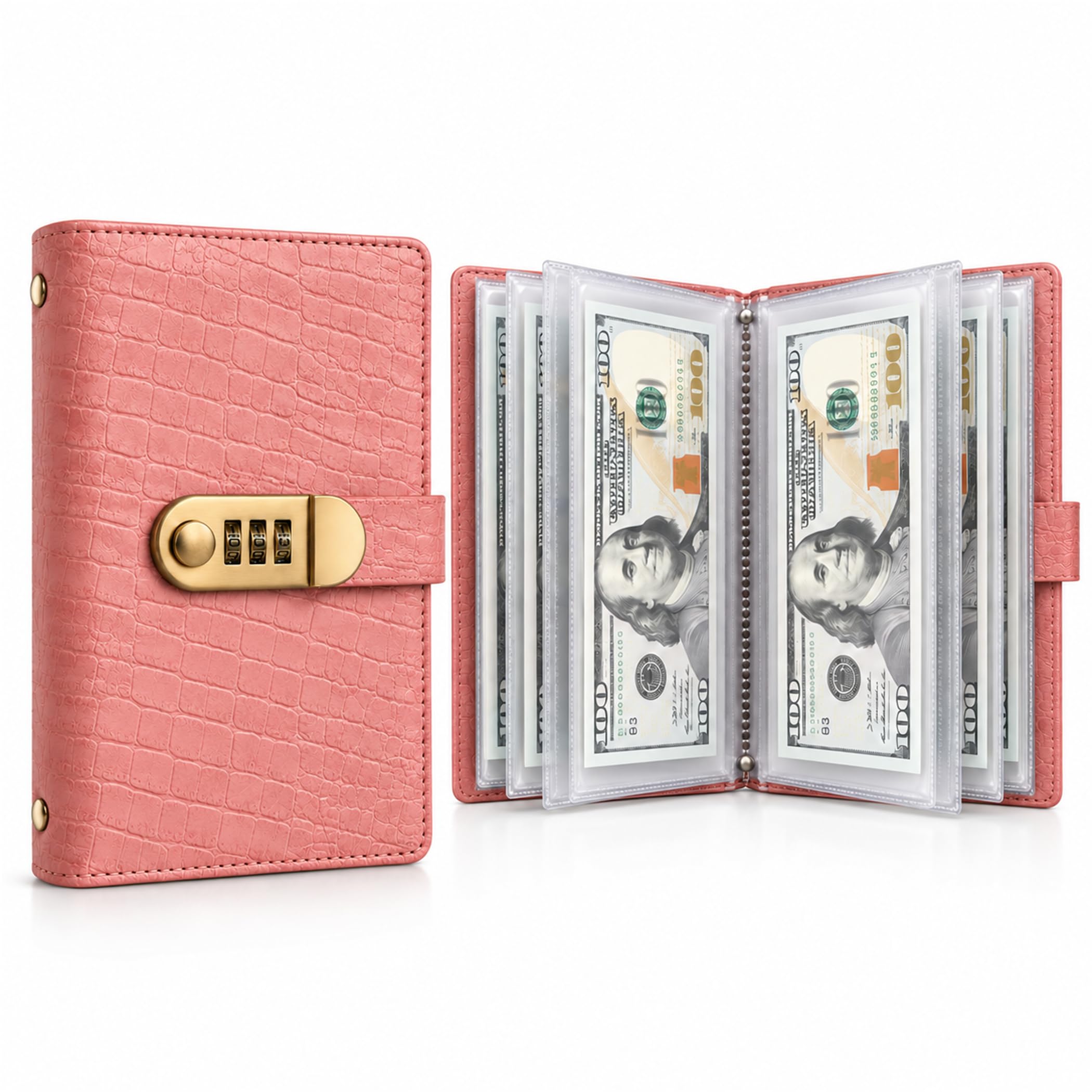 Pink textured lockable cash savings organizer with clear sleeves