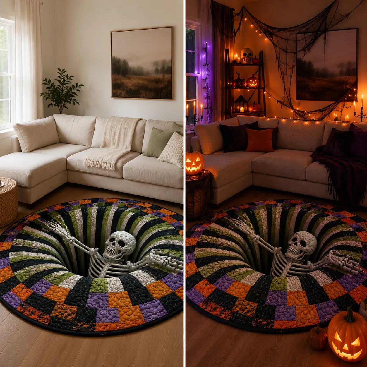 Close-up of quilted Halloween round rug texture