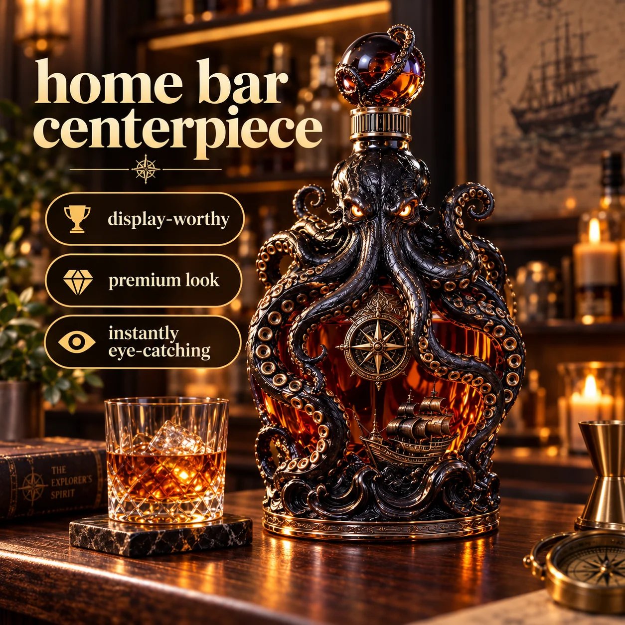 Kraken collector decanter displayed in a warm home bar