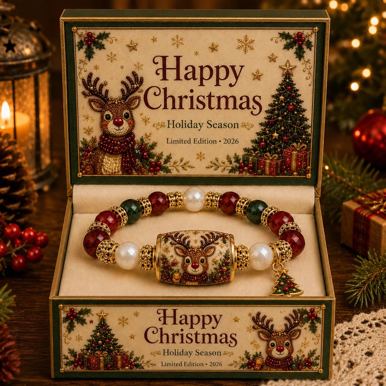 Ruby Reindeer Christmas bracelet in festive presentation