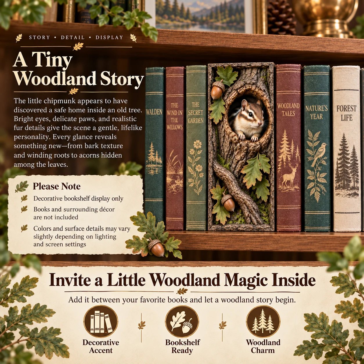 Detailed chipmunk scene inside the book nook