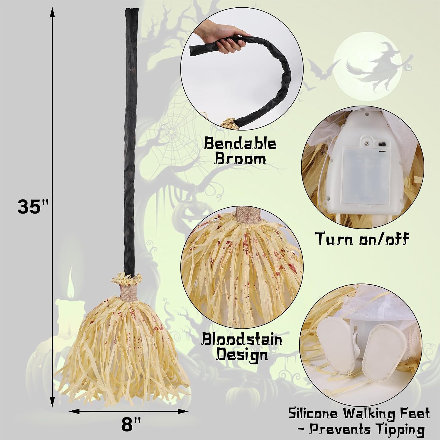 35 inch bendable animated broom with controls and stable walking feet