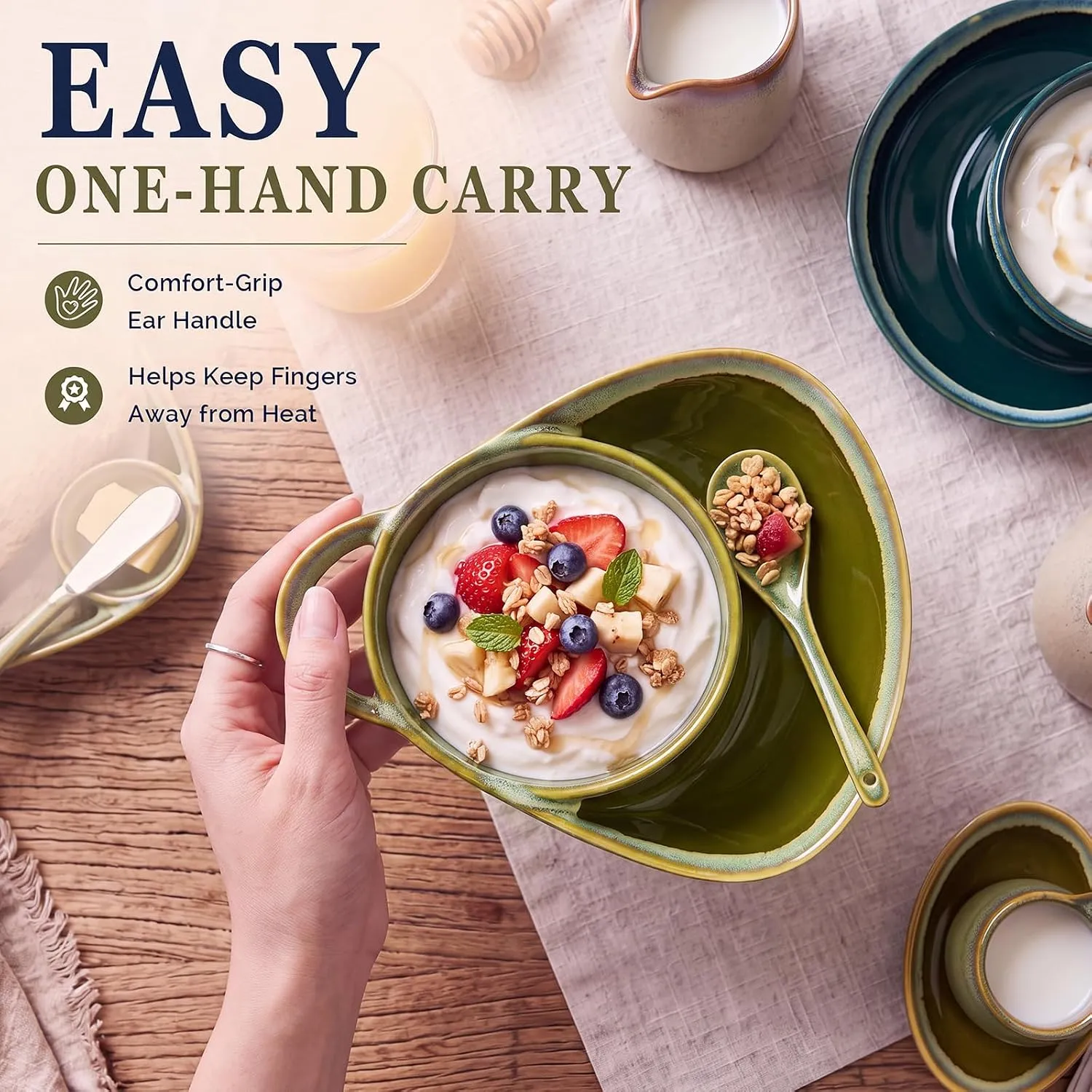 Handled ceramic divided bowl designed for easy serving
