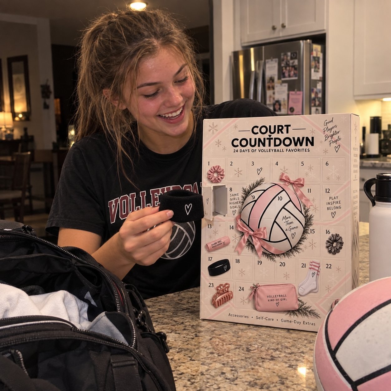 Volleyball player holding a black wristband with a white heart beside the calendar