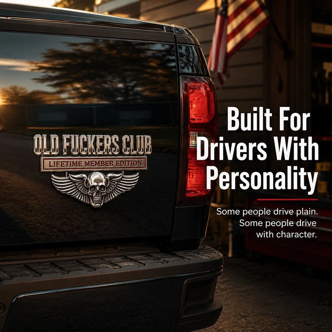 OLD F*CKERS CLUB emblem displayed as a rugged automotive accessory