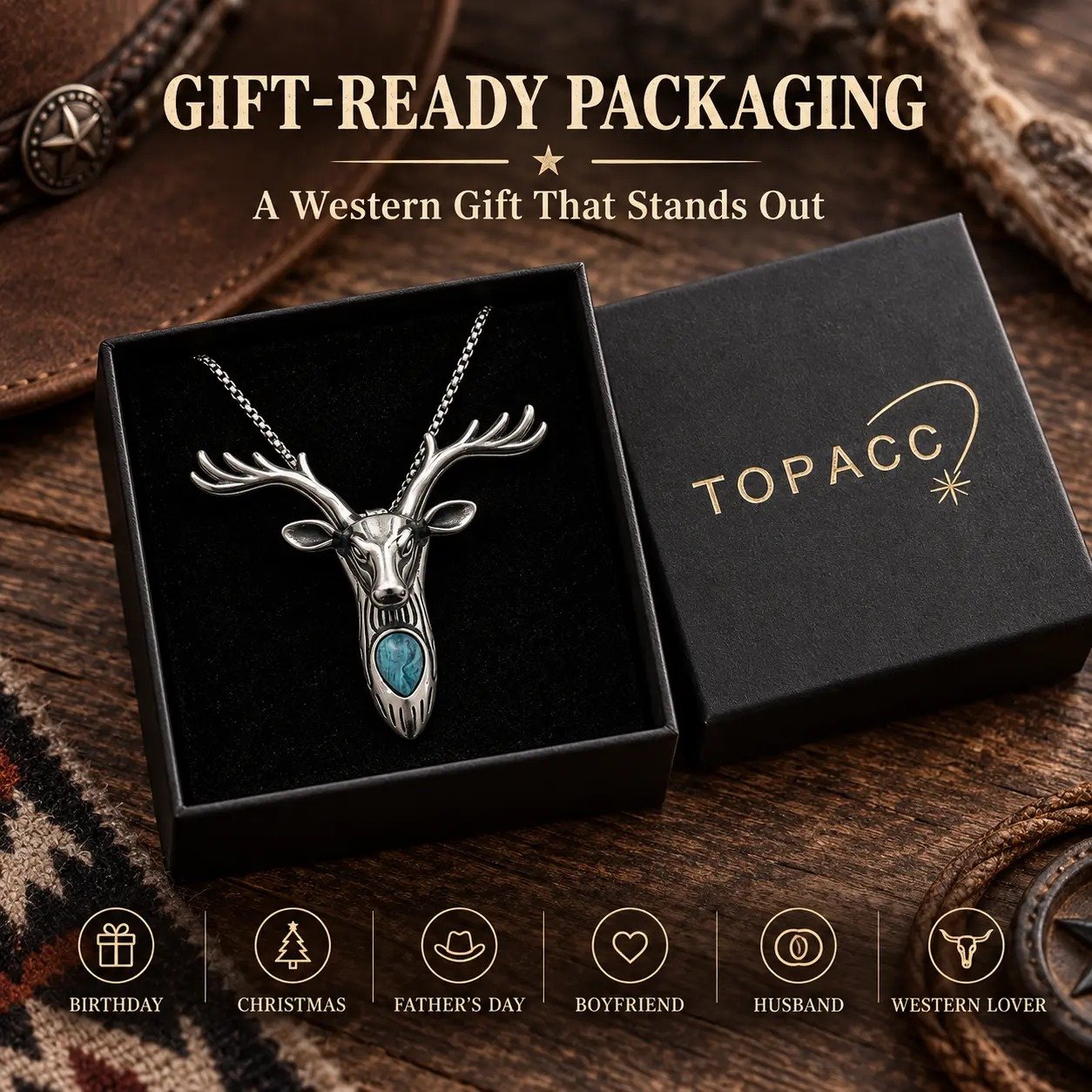 Western deer pendant presented in a gift box