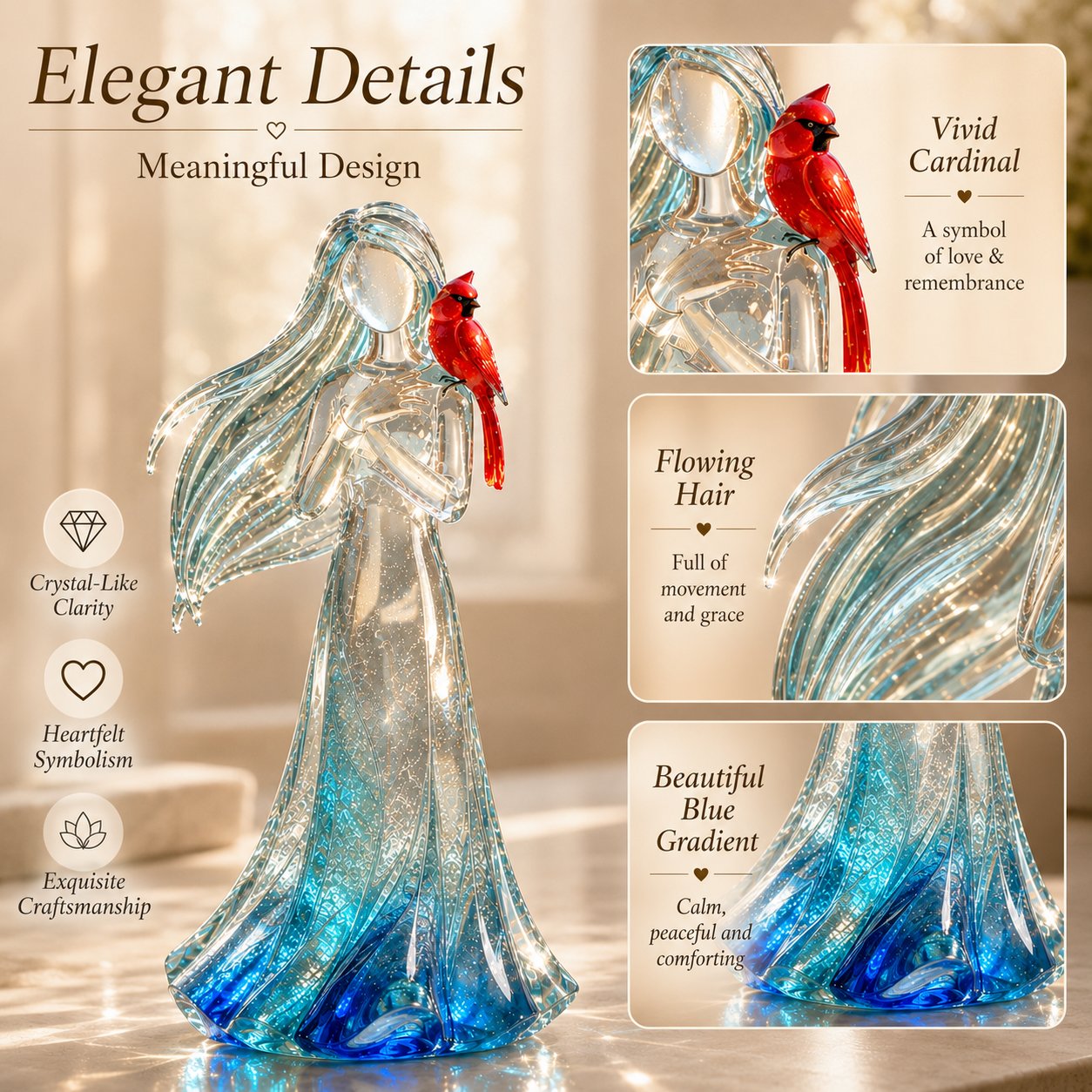 Close view of the cardinal memorial woman's blue crystal-inspired design